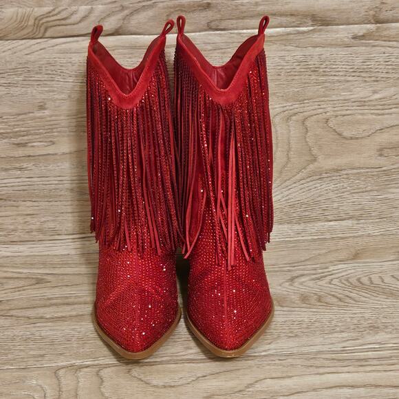 Rhinestone Western Cowboy Boots Fringe Pointed Toe Glitter Tassels Womens 7.5 - Picture 2 of 9